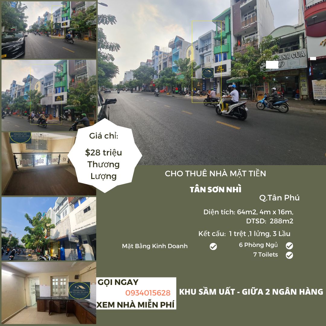 Cho thuê nhà Mặt tiền Tân Sơn Nhì 64m2, 3 Lầu, 28 triệu