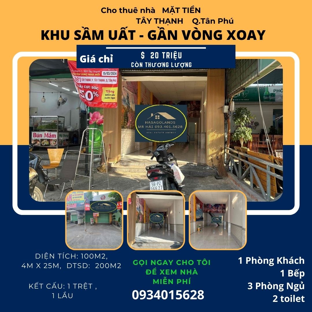 Cho thuê nhà Mặt tiền Tây Thạnh 100m2, 1Lầu, 20Triệu