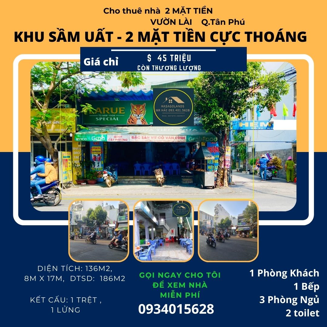Cho thuê nhà 2 MẶT TIỀN Vườn Lài 136m2, 45 triệu - ngang 8M - Khu SẦM UẤT