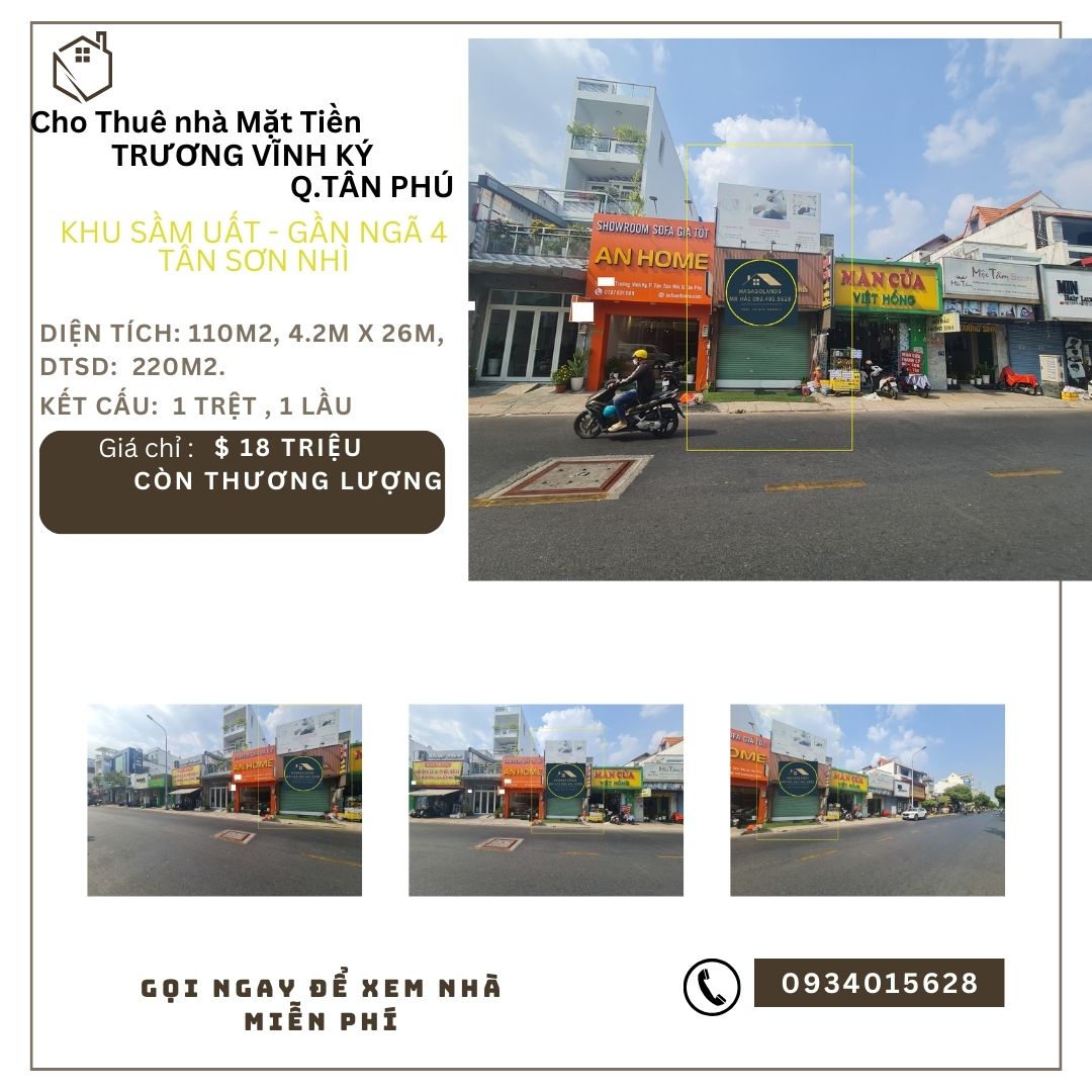 Cho thuê nhà Mặt Tiền Trương Vĩnh Ký 110m2, 1 LẦU, 18 triệu