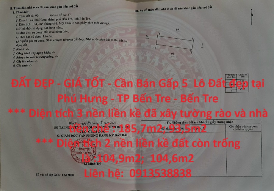 ĐẤT ĐẸP - GIÁ TỐT - Cần Bán Gấp 5 Lô Đất đẹp tại Phú Hưng - TP Bến Tre - Bến Tre