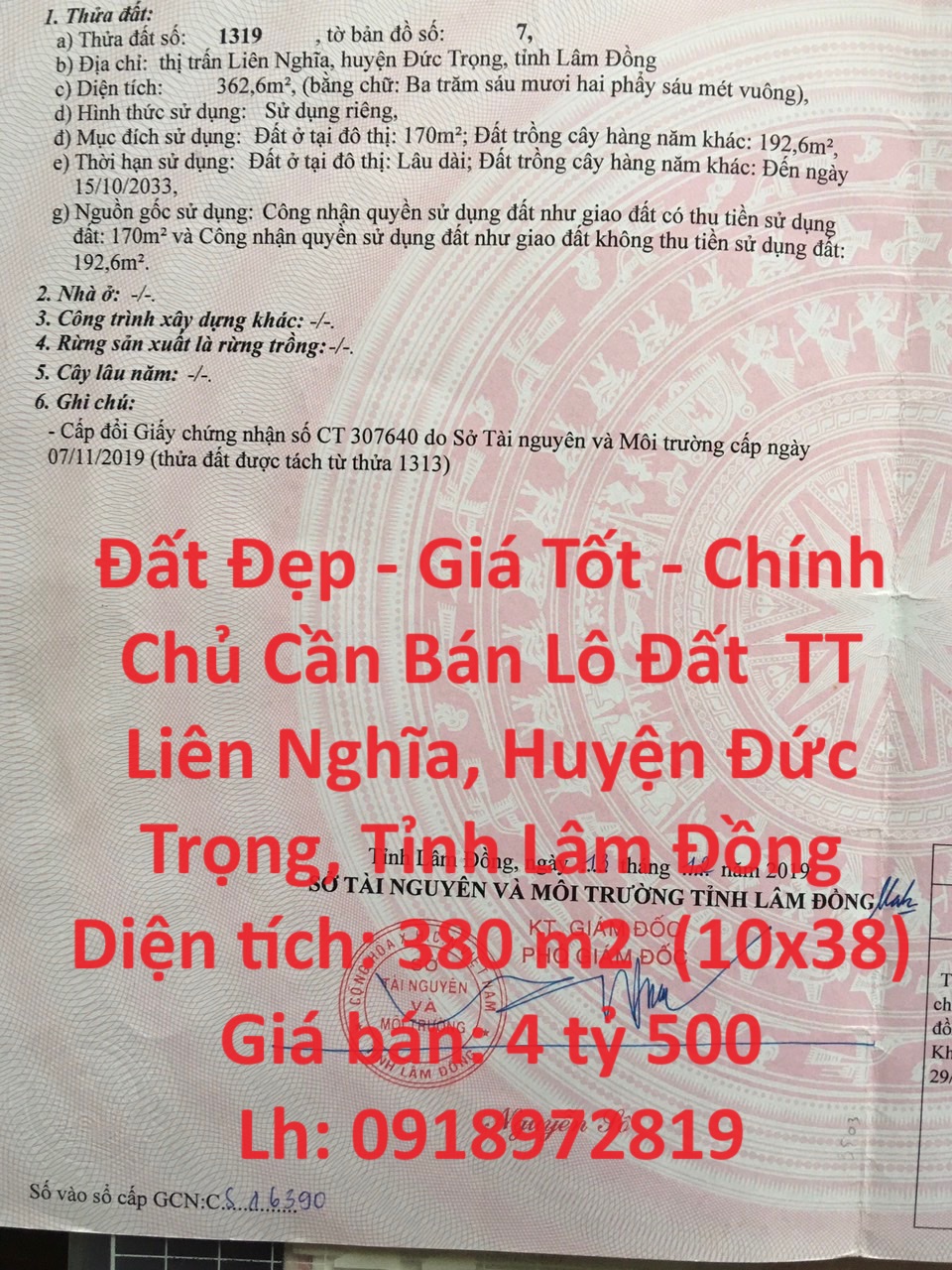 Đất Đẹp - Giá Tốt - Chính Chủ Cần Bán Lô Đất TT Liên Nghĩa, Huyện Đức Trọng, Tỉnh Lâm Đồng