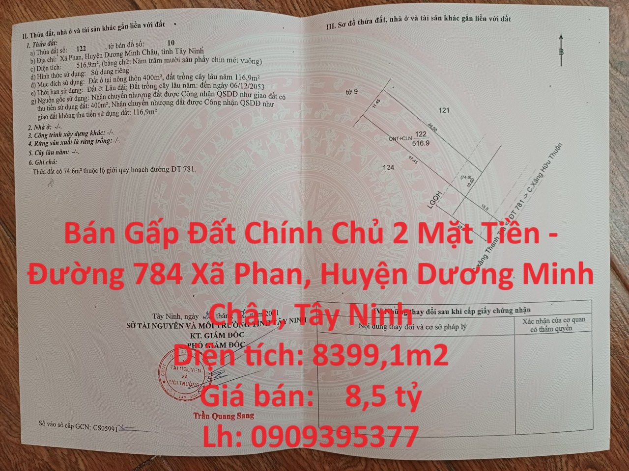 Bán Gấp Đất Chính Chủ 2 Mặt Tiền - Đường 784 Xã Phan, Huyện Dương Minh Châu, Tây Ninh