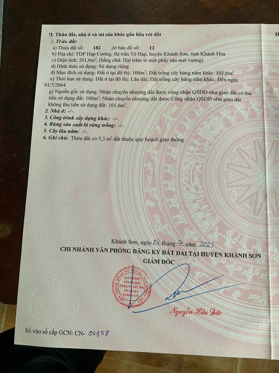 Chính Chủ Cần Bán LÔ ĐẤT Trung Tâm Tại Thị trấn Tô Hạp thuộc Huyện Khánh Sơn, tỉnh Khánh Hòa,