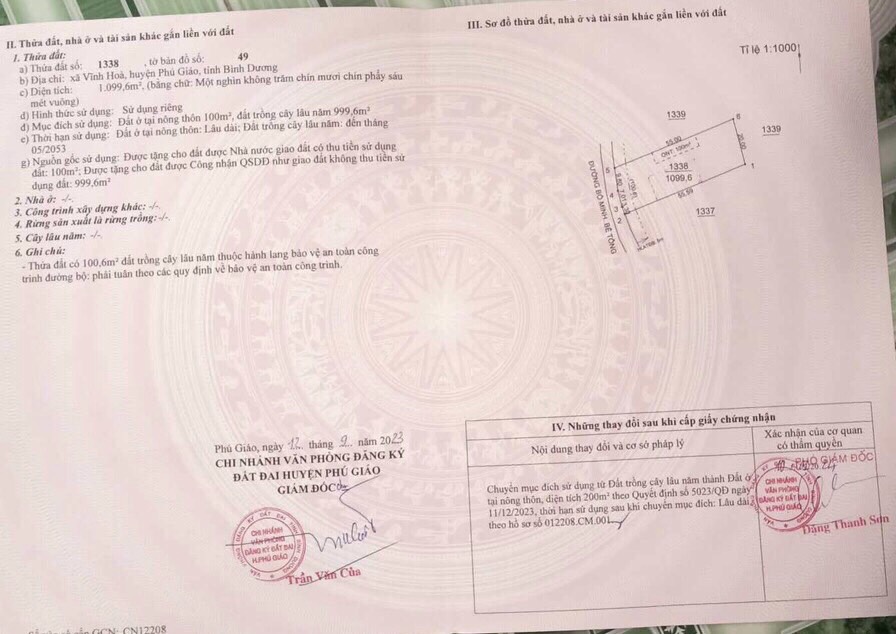 * CHÍNH CHỦ CẦN BÁN LÔ ĐẤT XÃ VĨNH HOÀ - HUYỆN PHÚ GIÁO - BÌNH DƯƠNG *