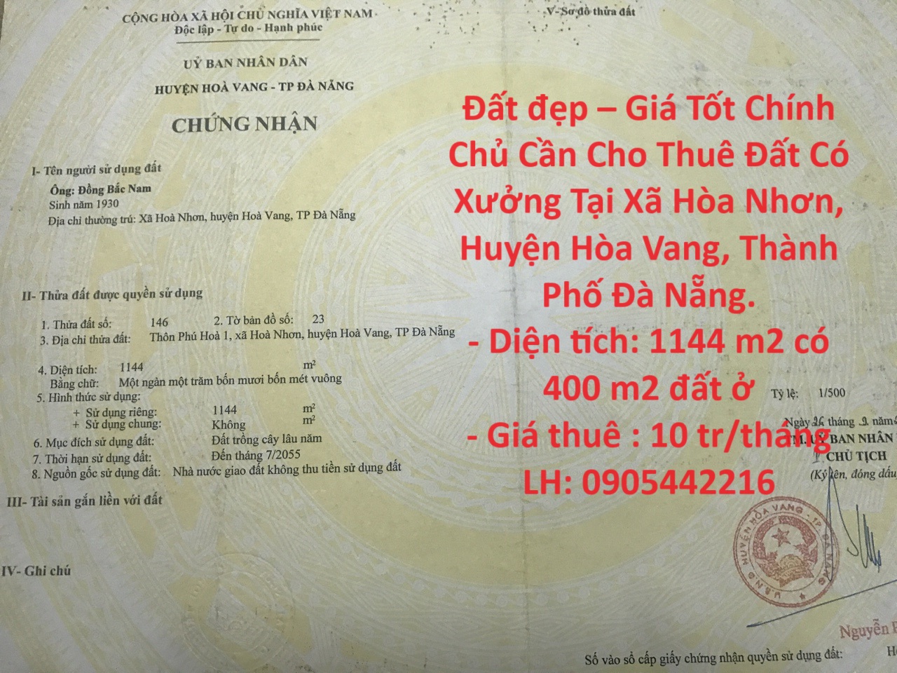 Đất đẹp – Giá Tốt Chính Chủ Cần Cho Thuê Đất Có Xưởng Tại Hòa Nhơn , Hòa Vang.