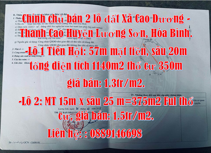 Chính chủ bán 2 lô đất Xã Cao Dương - Thanh Cao Huyện Lương Sơn, Hòa Bình.