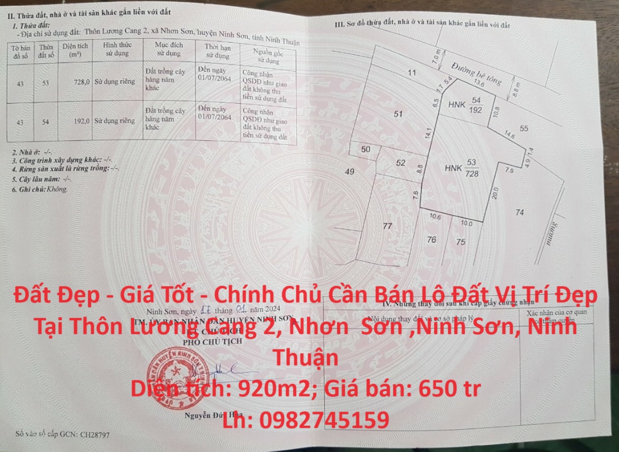 Đất Đẹp - Giá Tốt - Chính Chủ Cần Bán Lô Đất Vị Trí Đẹp Tại Xã Nhơn Sơn, Ninh Sơn