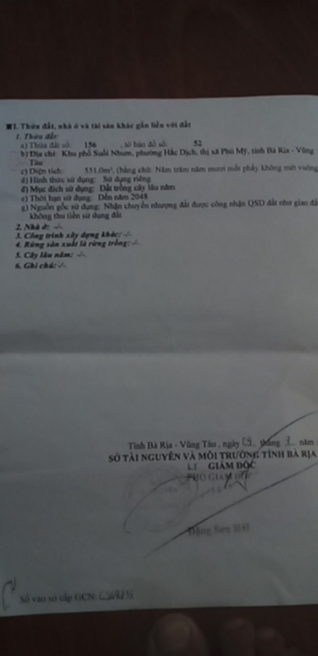 Cần bán gấp mảnh đất tại khu phố Suối Nhum, Phường Hắc Dịch, Phú Mỹ, Bà Rịa Vũng Tàu.