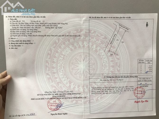 CHÍNH CHỦ CẦN BÁN MẢNH ĐẤT 2 MẶT TIỀN Đ. Điểu Xiển, X. Bàu Trâm - DT:100m2 - Giá 1,8 tỷ