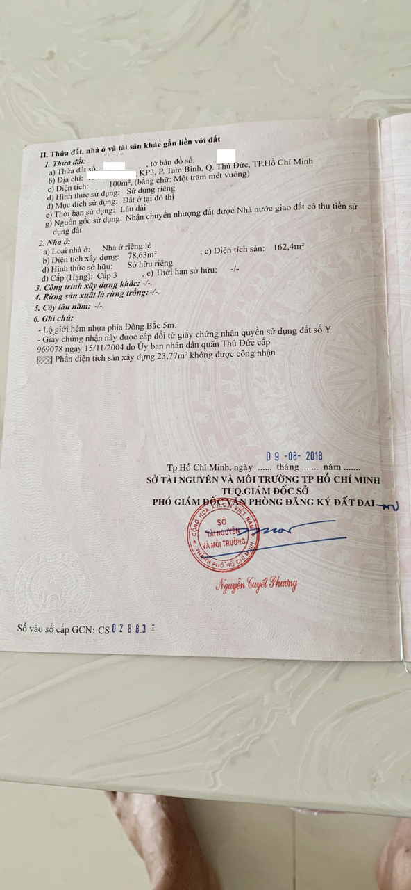 Bán nhà 2 tầng , 3PN, Xe hơi đậu trong nhà, DT: 100m2, giá: 6,3 Tỷ, Tam Bình -Thủ Đức
