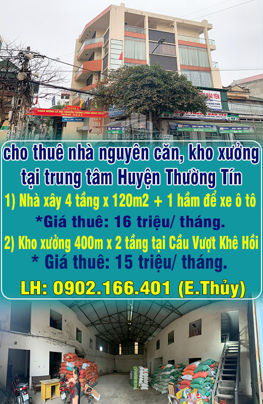 Chính chủ cho thuê nhà nguyên căn, kho xưởng tại trung tâm Huyện Thường Tín
