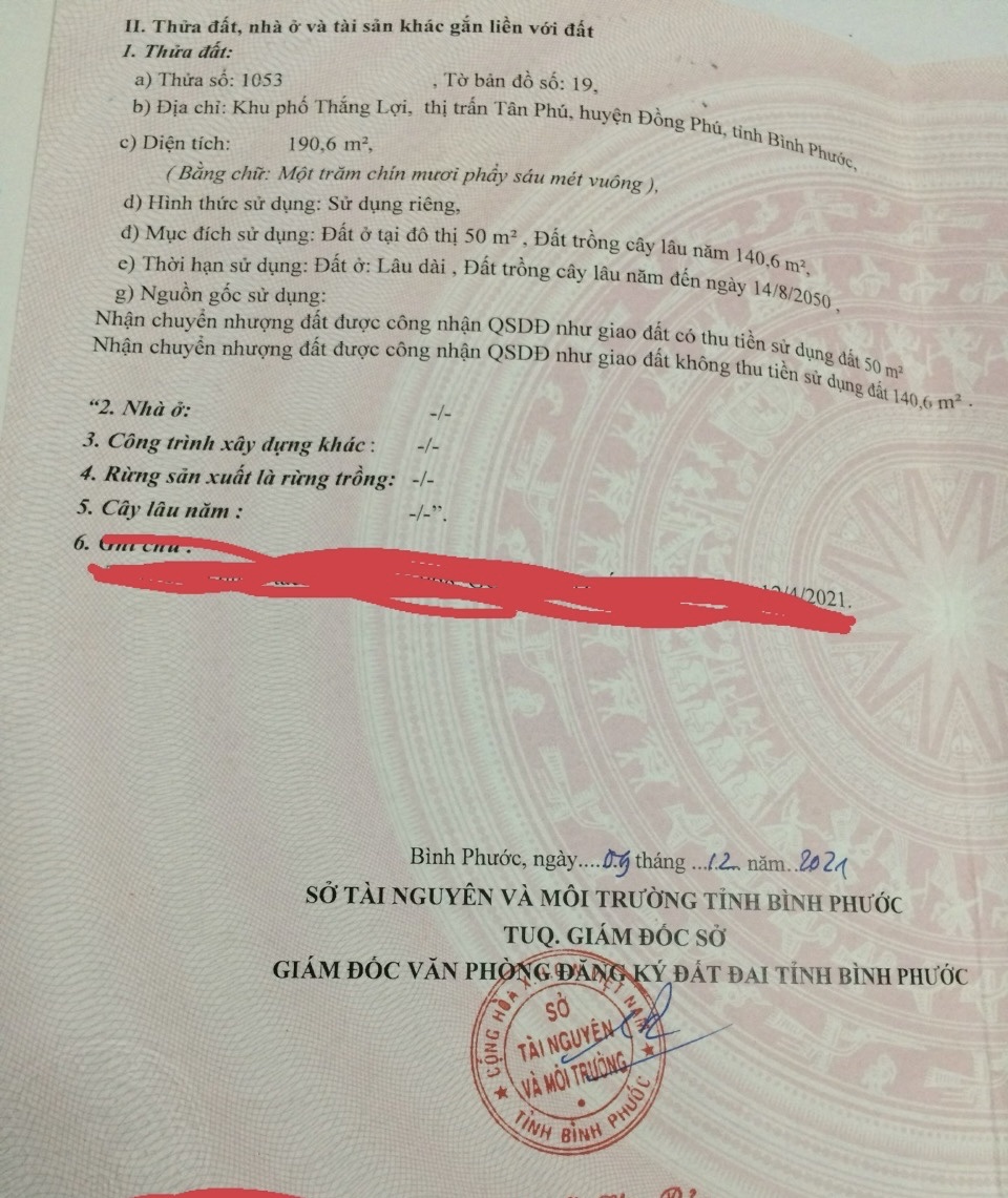 Cần bán mảnh đất tại khu phố Thắng Lợi, thị trấn Tân Phú, huyện Đồng Xoài, tỉnh Bình Phước.