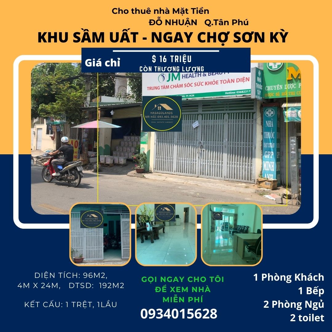 Cho thuê nhà mặt tiền Đỗ Nhuận 96m2, 1 Lầu, 16Triệu - cạnh chợ SƠN KỲ