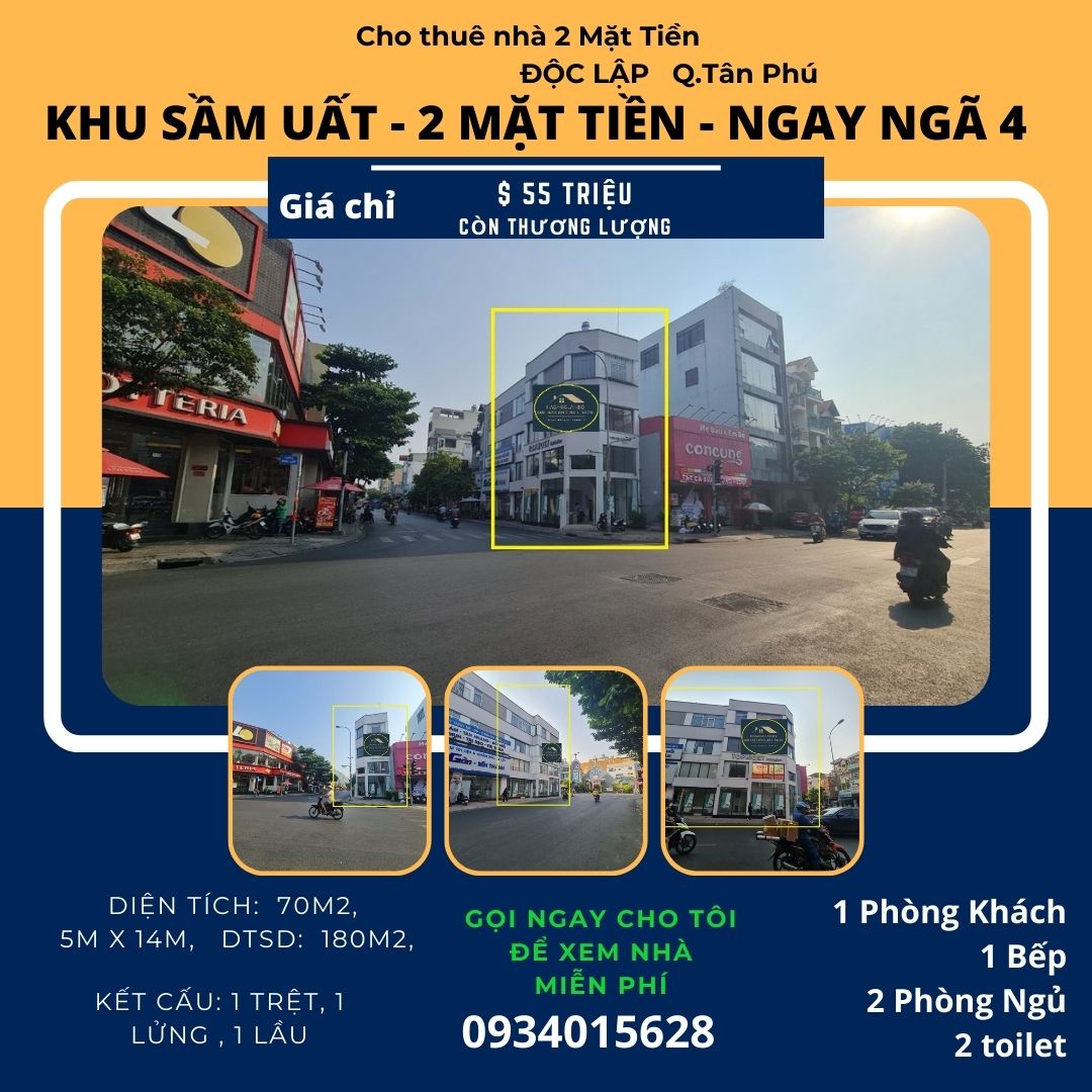 Cho thuê SIÊU PHẨM nhà 2 MẶT TIỀN Độc Lập 70m2, 1Lầu