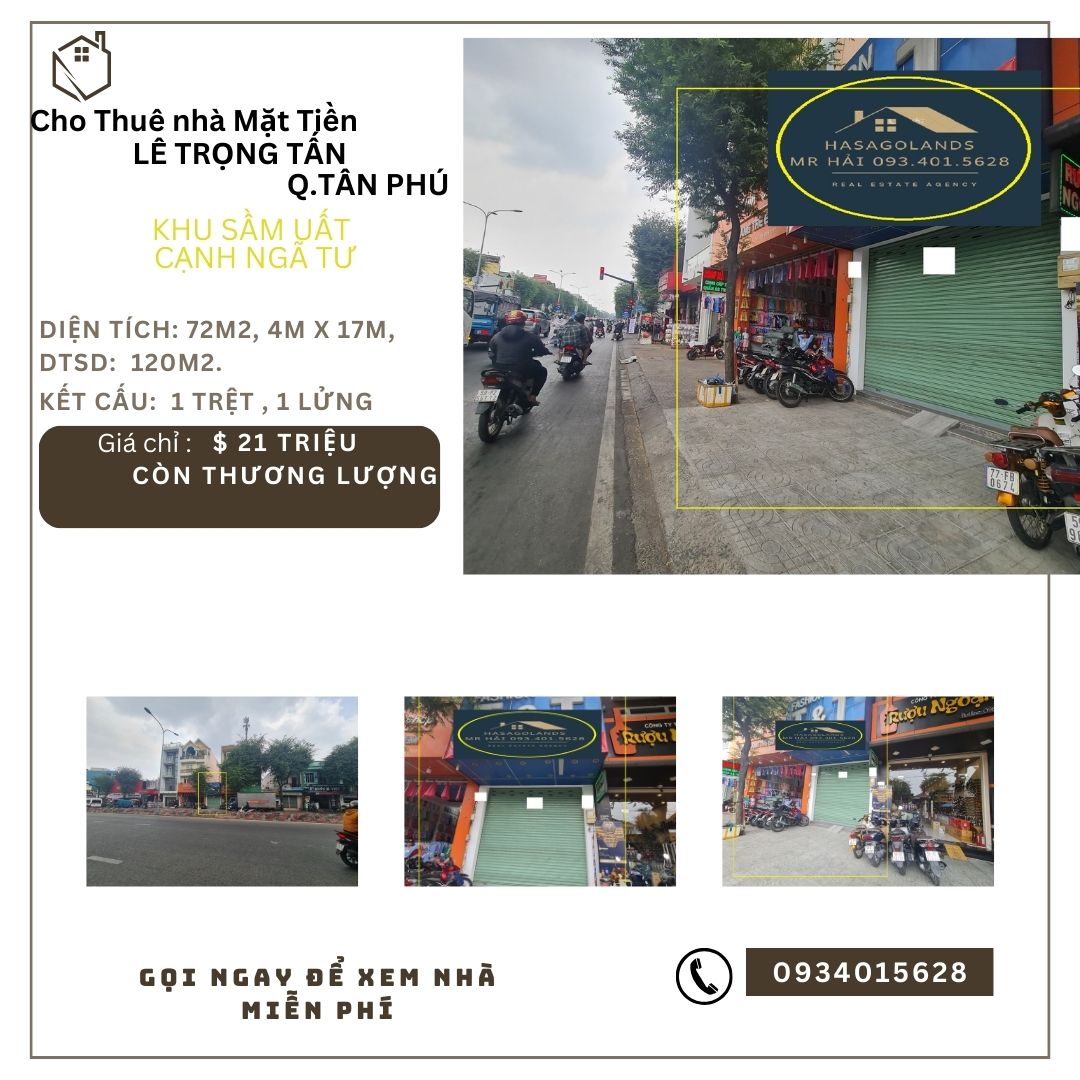Cho thuê nhà Mặt Tiền Lê Trọng Tấn 72m2, 21Triệu, sát ngã tư