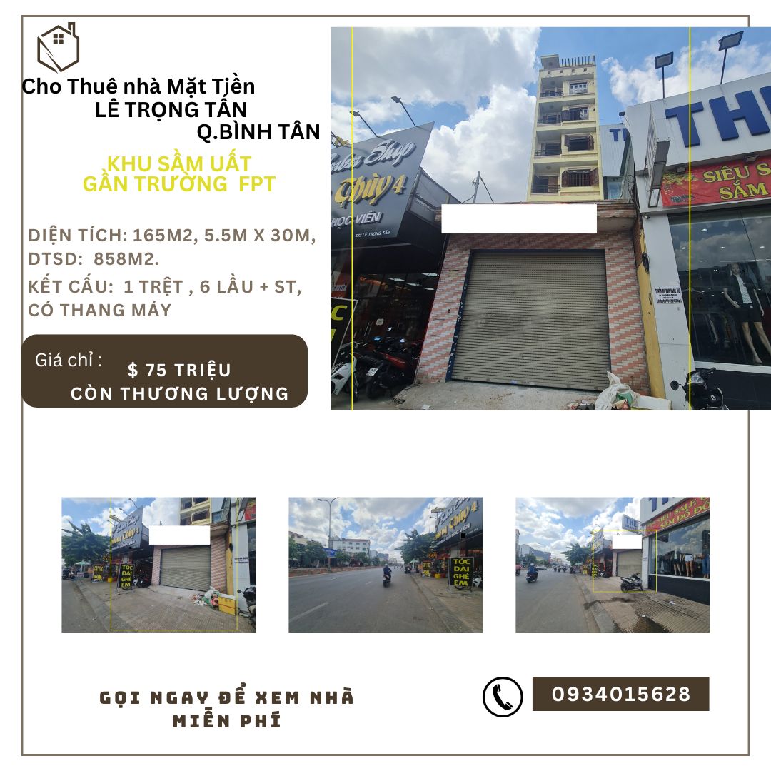 Cho thuê nhà mặt tiền Lê Trọng Tấn 165m2, 6LẦU+ ST, THANG MÁY