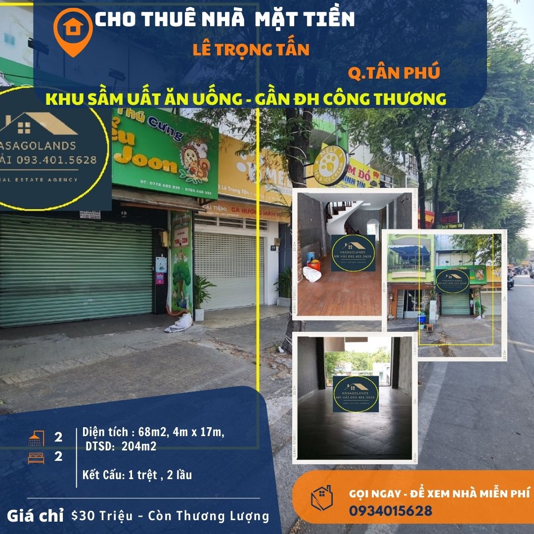 Cho thuê nhà mặt tiền Lê Trọng Tấn 68m2, 2 Lầu, 30Triệu