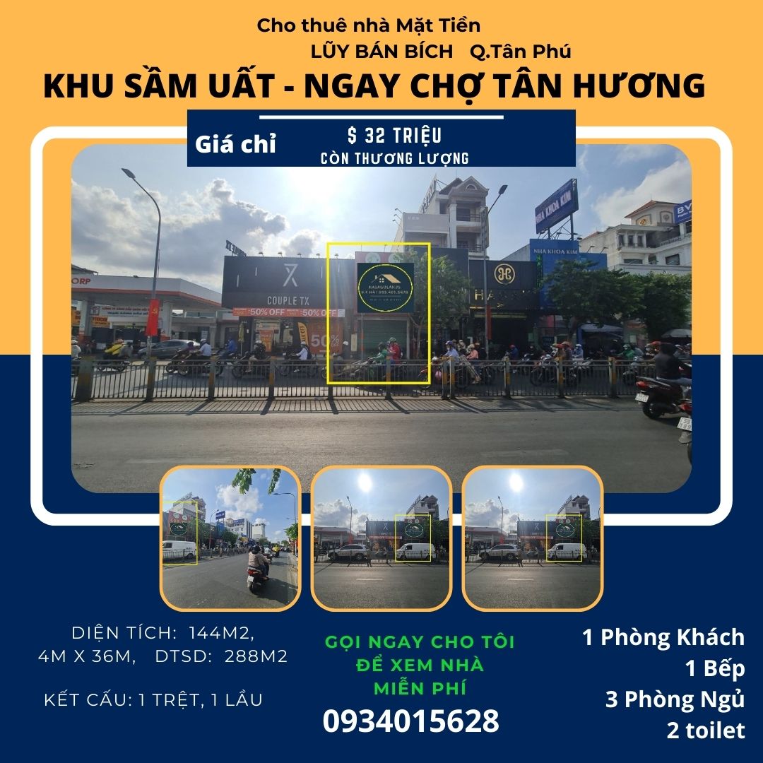 Cho thuê nhà mặt tiền Lũy Bán Bích 144m2, 1Lầu,32Triệu ,ngay ngã tư