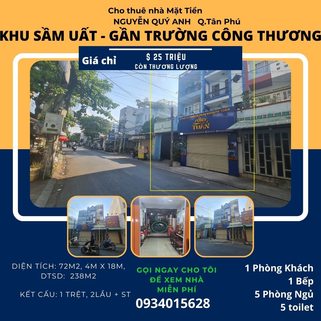 Cho thuê nhà mặt tiền Nguyễn Quý Anh 72m2, 2LẦU + ST, 25Triệu