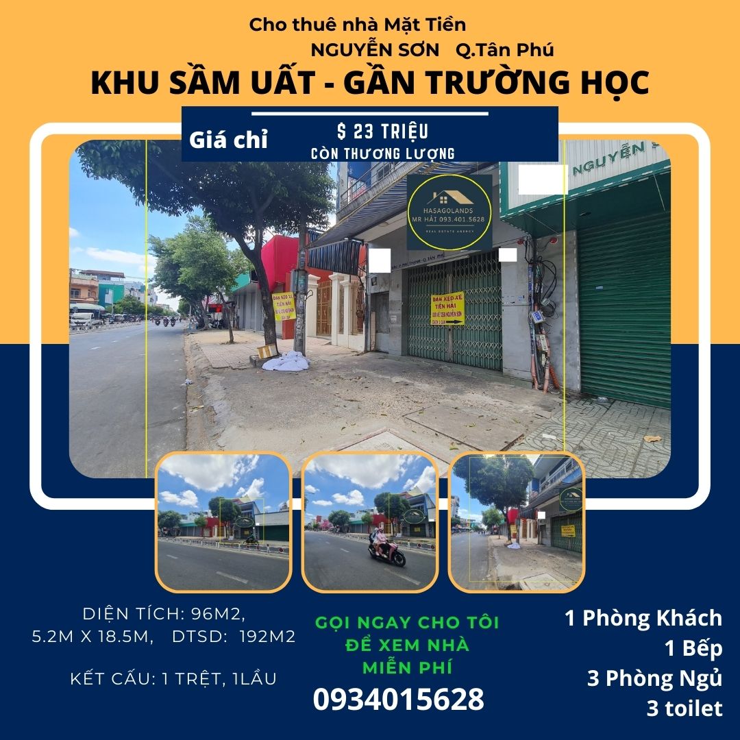 Cho thuê nhà mặt tiền Nguyễn Sơn 96m2, 1 Lầu, 23 triệu - gần trường học