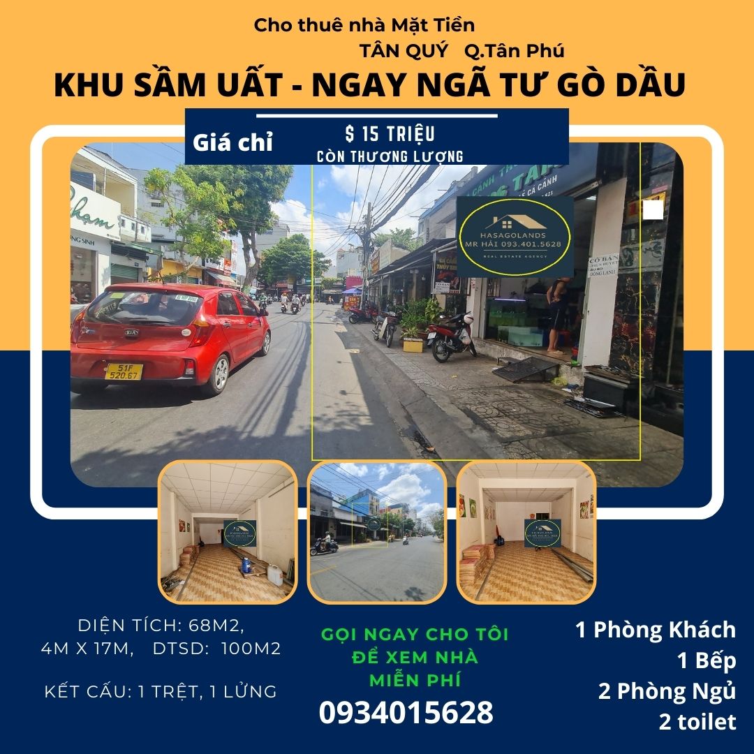 Cho thuê nhà mặt tiền Tân Quý 68m2, 1L , 15Triệu - cạnh ngã 4