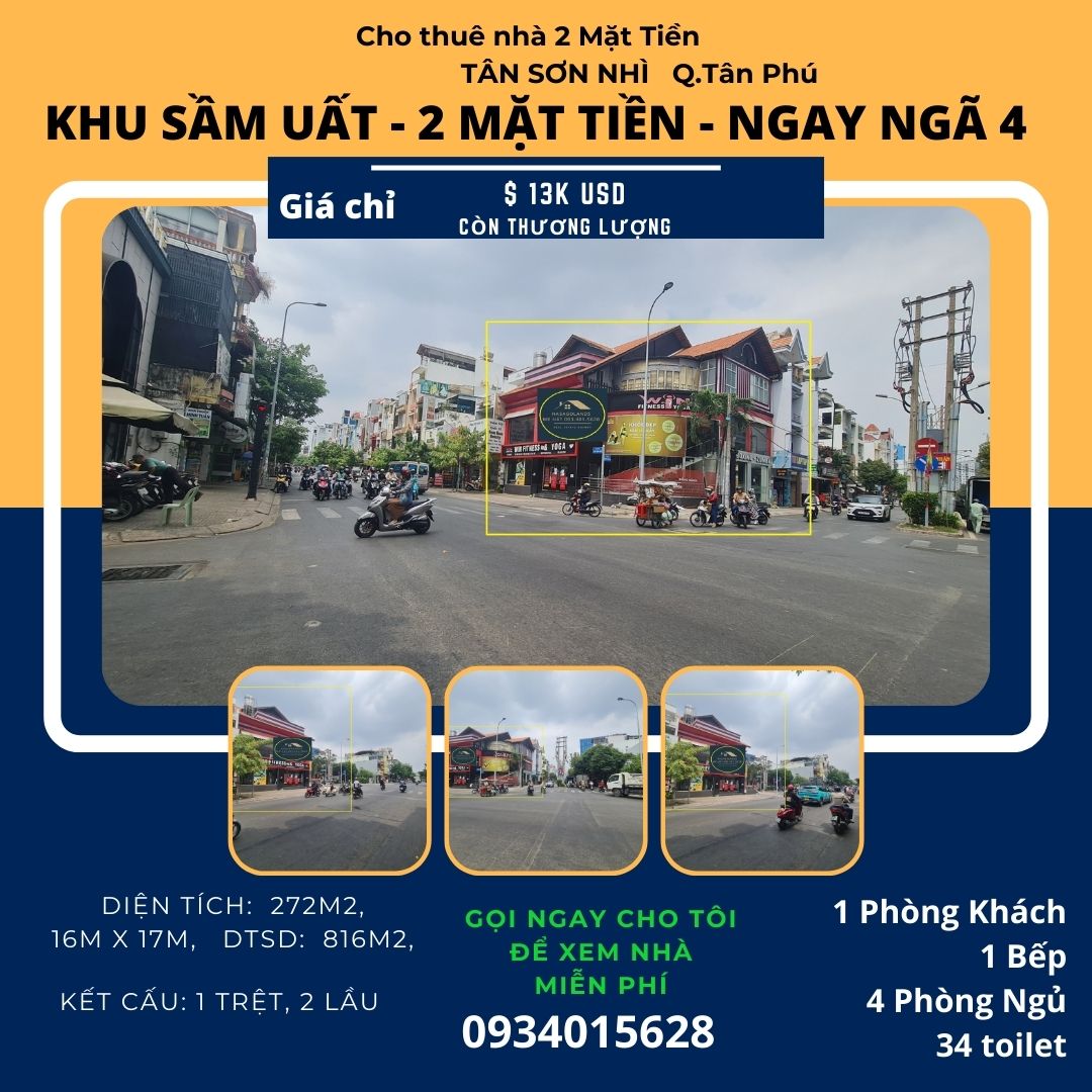 Cho thuê SIÊU PHẨM 2 Mặt Tiền Tân Sơn Nhì 272m2, 2Lầu - khu CỰC SẦM UẤT