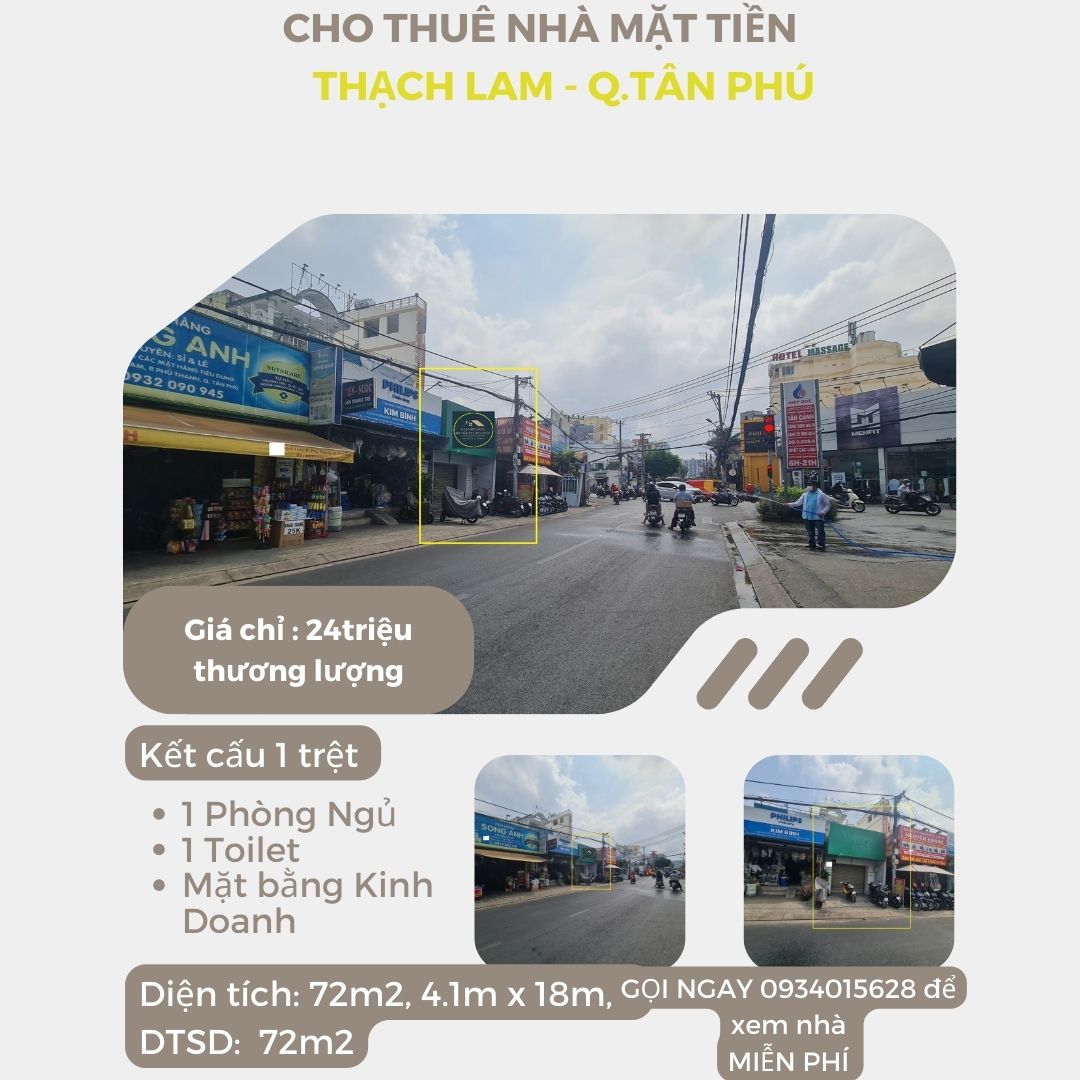 Cho thuê nhà Mặt Tiền Thạch Lam 72m2, 24 triệu, cạnh ngã tư