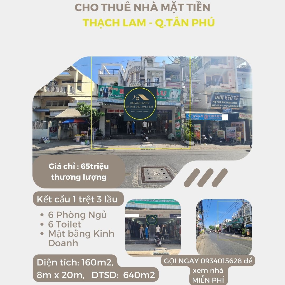 Cho thuê nhà Mặt Tiền Thạch Lam 160m2, 3Lầu, 65Triệu- gần ngã 4