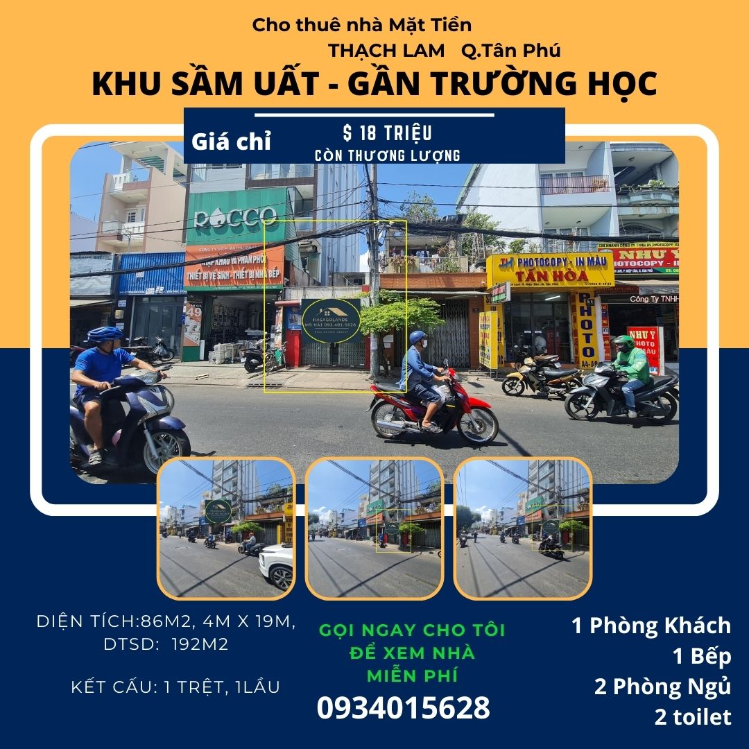 Cho thuê nhà mặt tiền Thạch Lam 86m2, 1Lầu, 18Triệu - gần trường học
