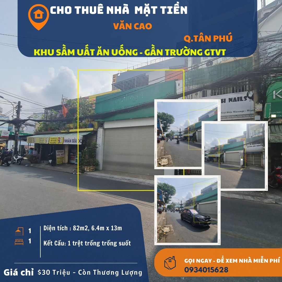 Cho thuê nhà Mặt Tiền Văn Cao 82m2, 30 triệu, gần ngã tư