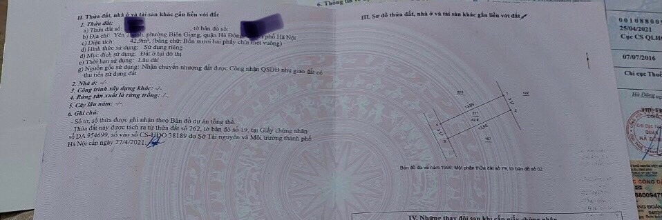 Hơn 1 tỷ lô đất ngay trục chính Biên Giang, Hà Đông. Diện tích: 42m