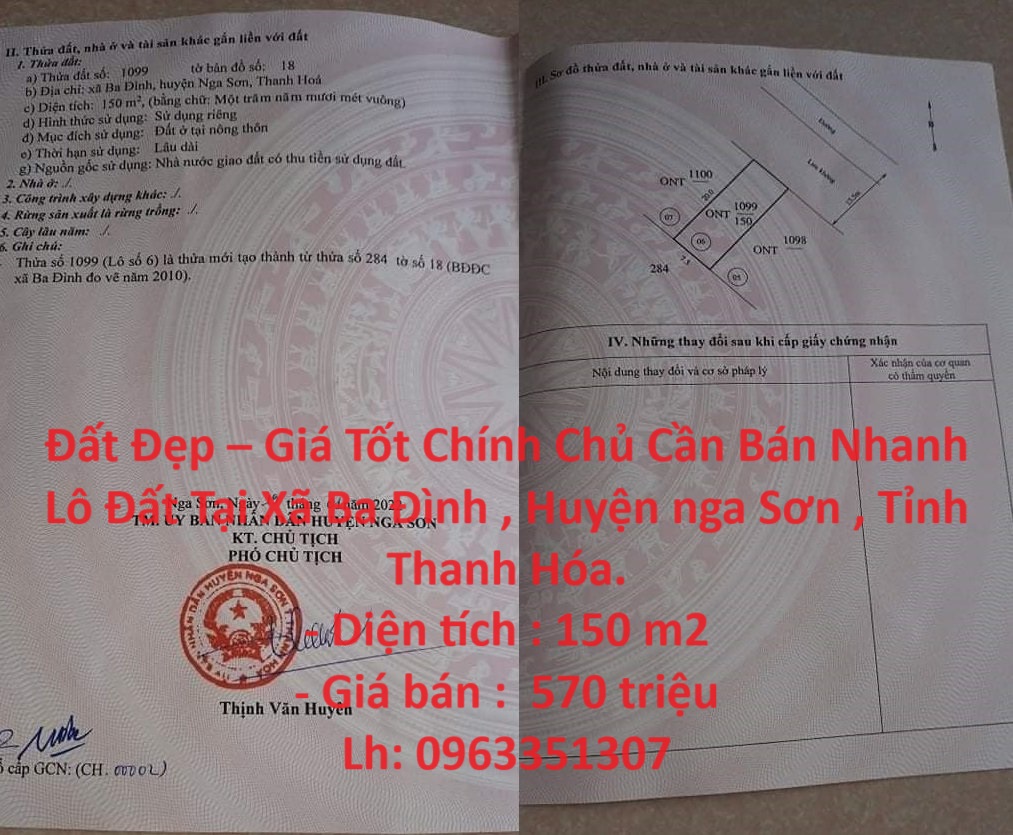 Đất Đẹp – Giá Tốt Chính Chủ Cần Bán Nhanh Lô Đất Tại Nga Sơn , Thanh Hóa.