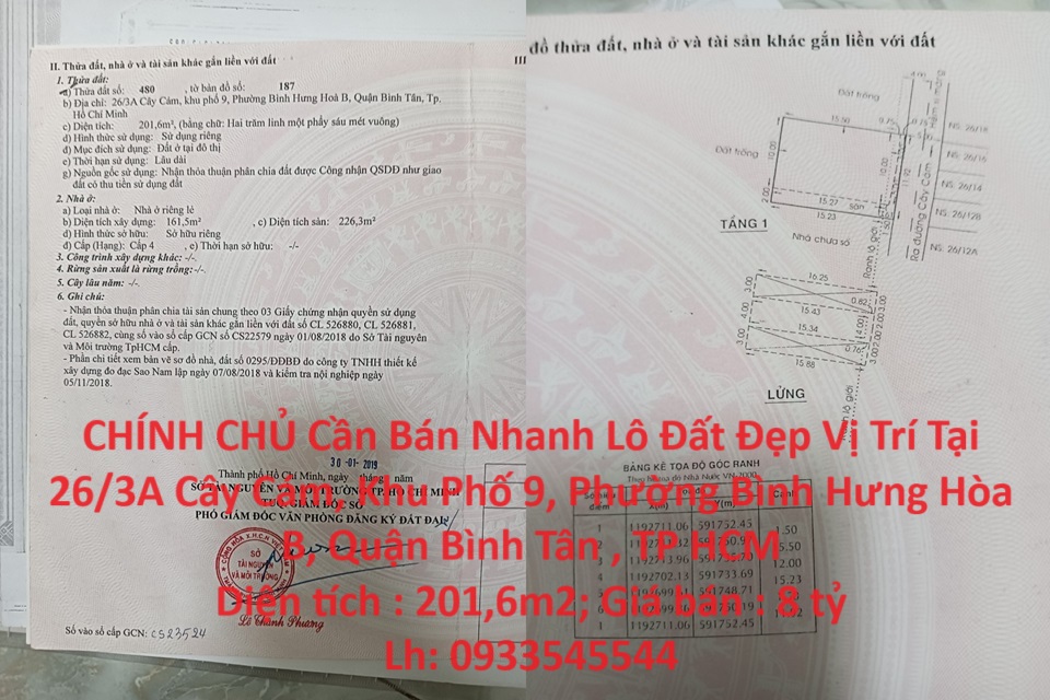 CHÍNH CHỦ Cần Bán Nhanh Lô Đất Đẹp Vị Trí Tại Quận Bình Tân , TP HCM