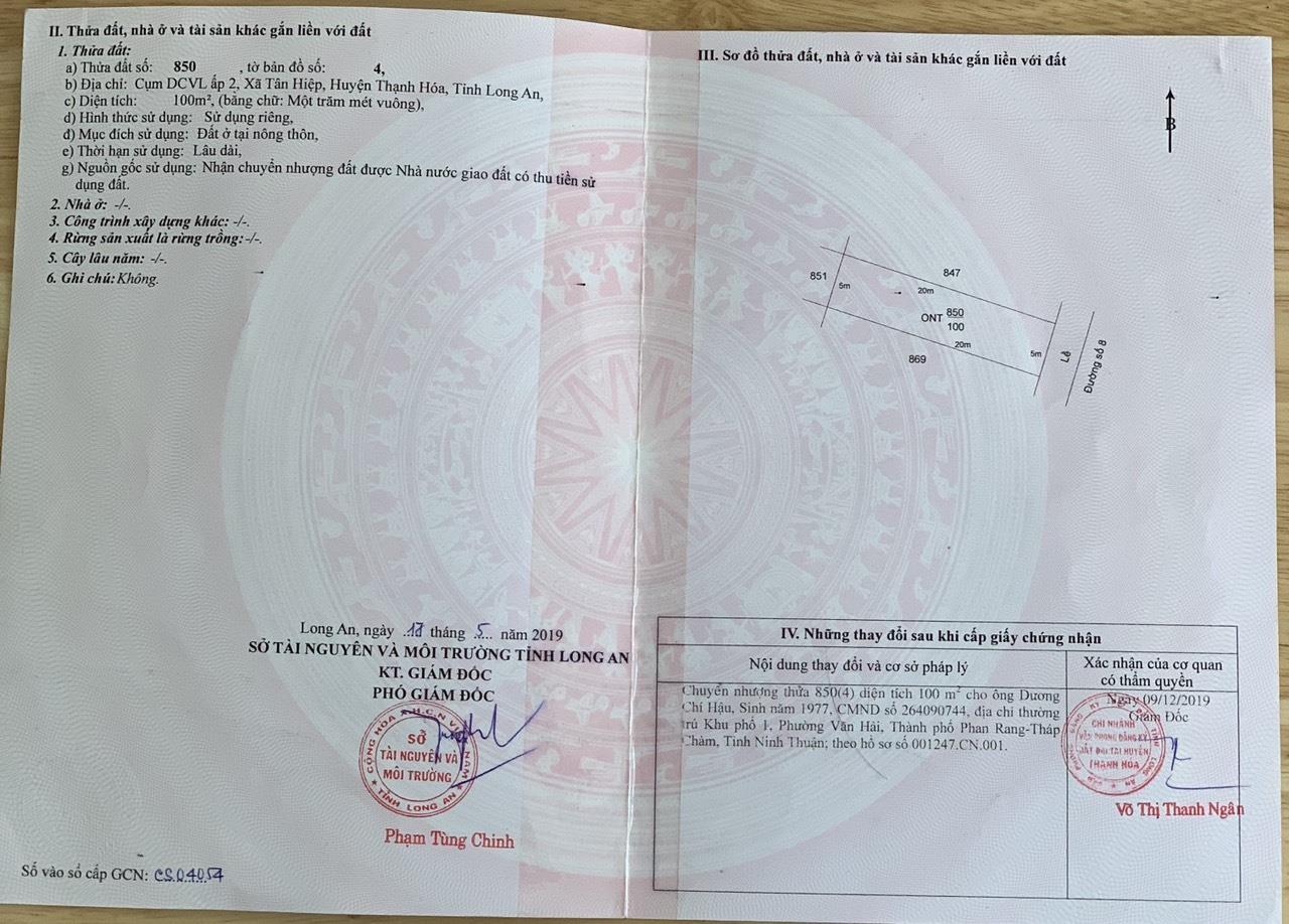 Lô Đất Chính Chủ Vị Trí Đẹp Tại Cụm DCVL Ấp 2, Xã Tân Hiệp, Thạnh Hóa - Long An