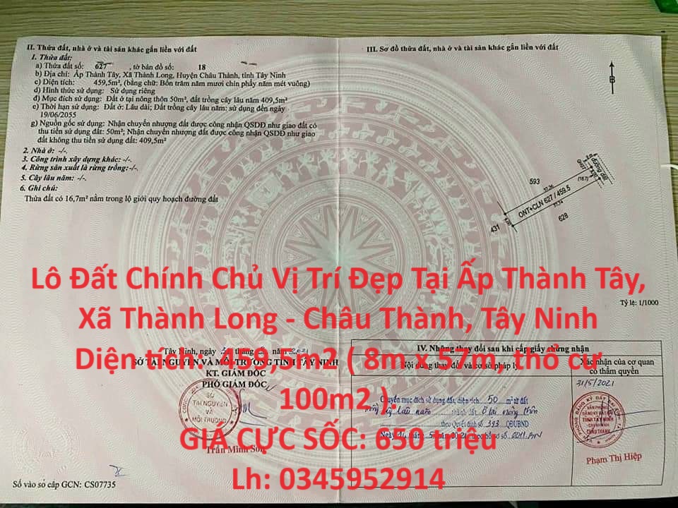 Lô Đất Chính Chủ Vị Trí Đẹp Tại Ấp Thành Tây, Xã Thành Long - Châu Thành, Tây Ninh
