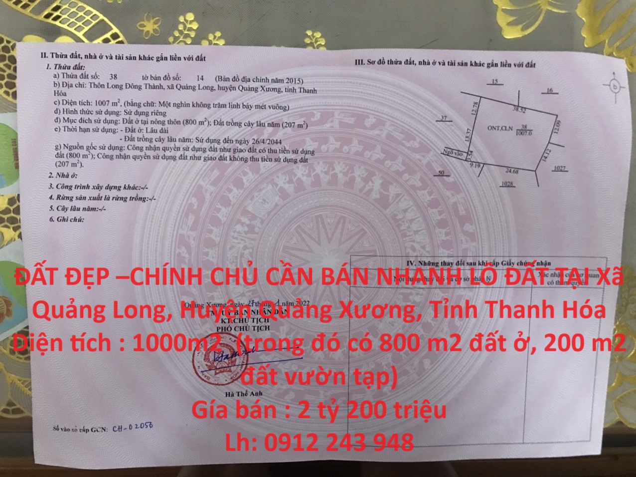 ĐẤT ĐẸP –CHÍNH CHỦ CẦN BÁN NHANH LÔ ĐẤT TẠI Xã Quảng Long, Huyện Quảng Xương, Tỉnh Thanh Hóa