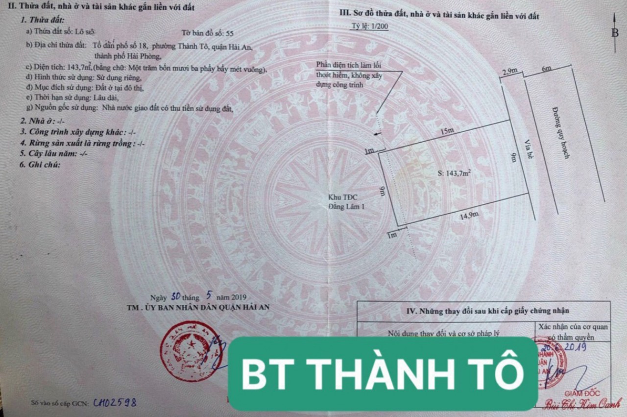 Bán đất Biệt Thự diện tích 144m MT9m GIÁ 7.47 tỉ gần Chợ Cát Bi và Trường FPT