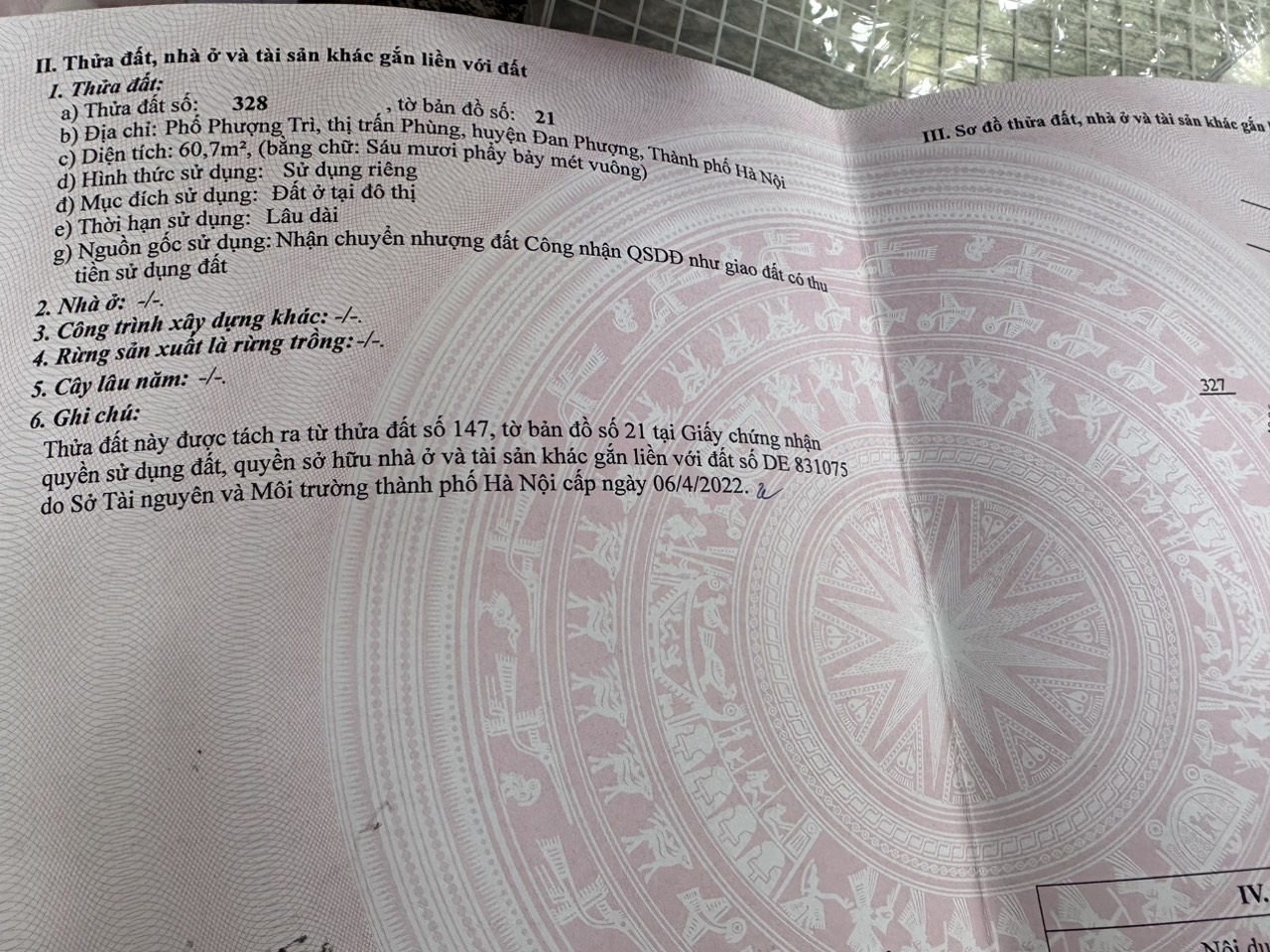 Chính chủ bán đất thổ cư 60,7m2 Tại Phố Phượng Trì, Thị Trấn Phùng, Đan Phượng, Hà Nội
