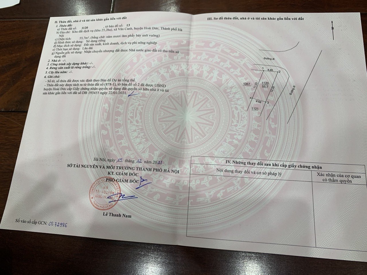 Chính chủ bán lô đất số 1120 hai mặt đường 11m tại khu 25,2ha đất dịch vụ Vân Canh quận Hoài Đức với diện tích 55,7m².