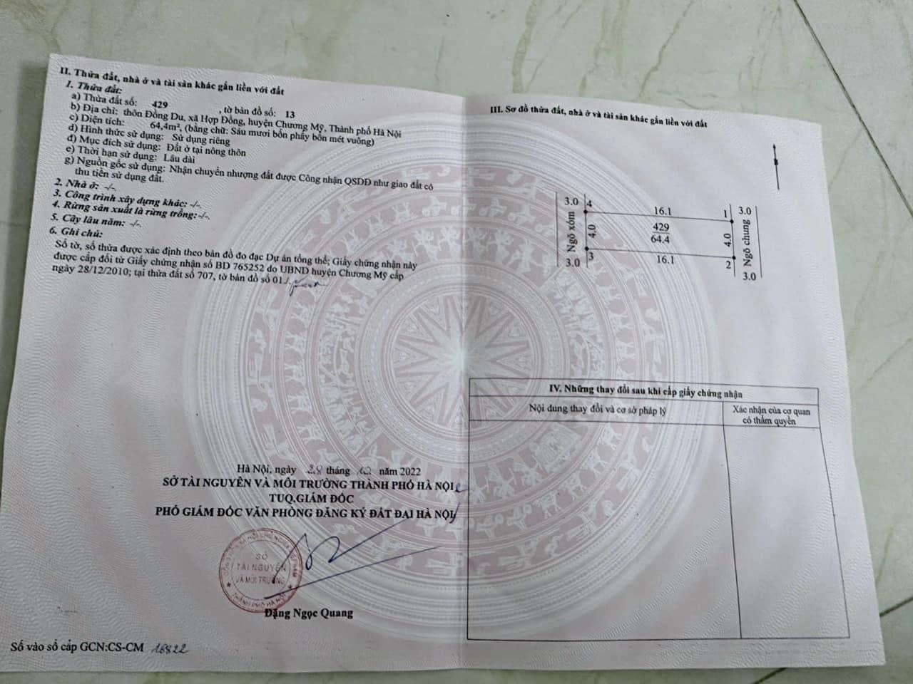 Hơn 1 tỷ xíu lô đất 2 mặt đường, Ô TÔ chạy quanh tại Hợp Đồng, Chương Mỹ. - Diện tích: 64,4m - Lô 2 mặt đường rộng