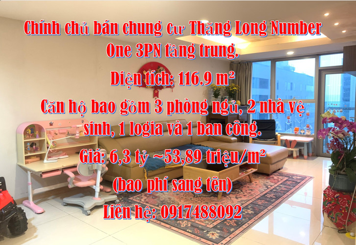 Chính chủ bán chung cư Thăng Long Number One 3PN tầng trung.