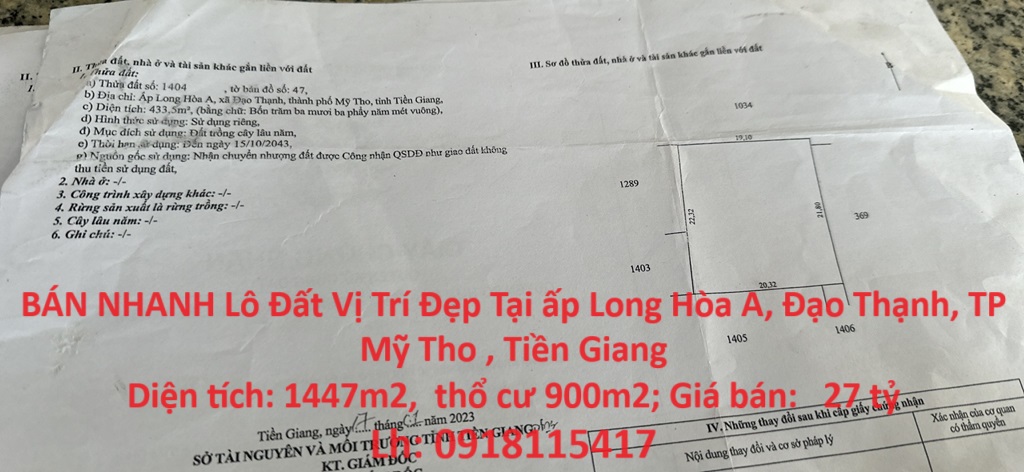 BÁN NHANH Lô Đất Vị Trí Đẹp Tại ấp Long Hòa A, Đạo Thạnh, TP Mỹ Tho , Tiền Giang