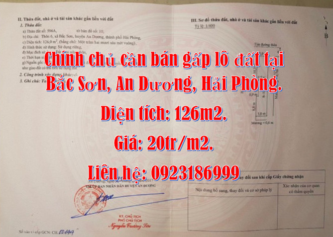 Chính chủ cần bán gấp lô đất tại Bắc Sơn, An Dương, Hải Phòng.