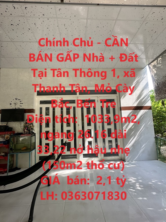 Chính Chủ - CẦN BÁN GẤP Nhà + Đất Tại xã Thanh Tân, Mỏ Cày Bắc, Bến Tre