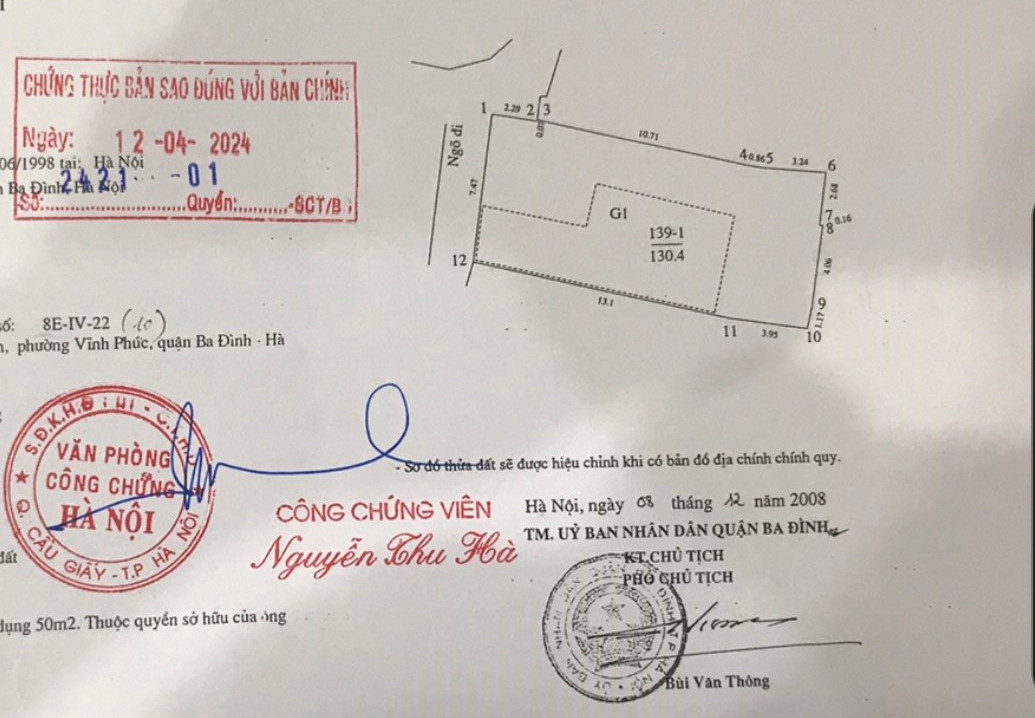 Chính chủ bán 2 mảnh đất chia lô ngõ 639 ngách 39 Hoàng Hoa Thám, Vĩnh Phúc, Ba Đình, Hà Nội