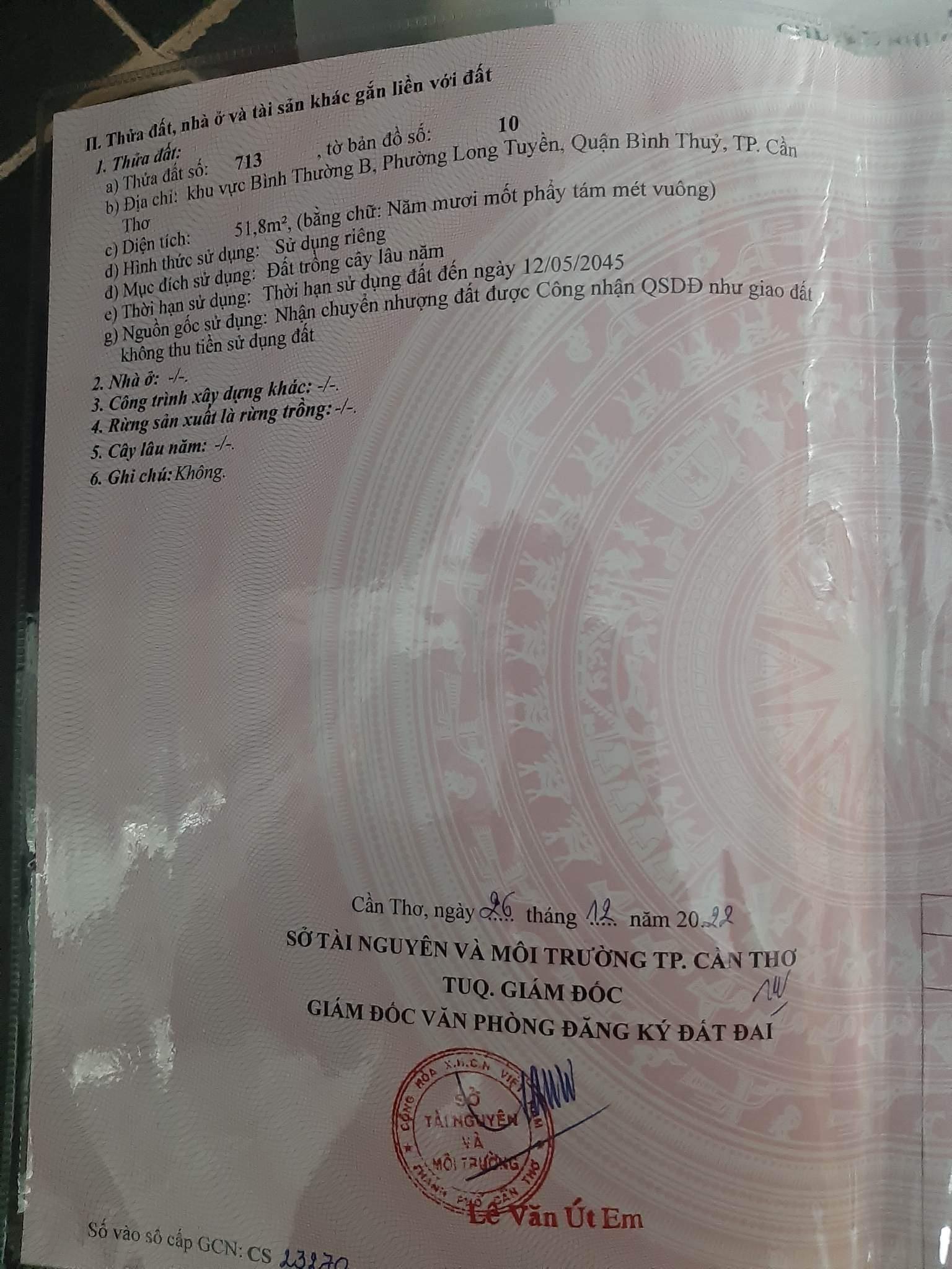 Cần Bán Nhanh Lô Đất Chính Chủ Vị Trí Đẹp tại khu vực Bình Thường B , Long Tuyền , Bình Thủy , Cần Thơ