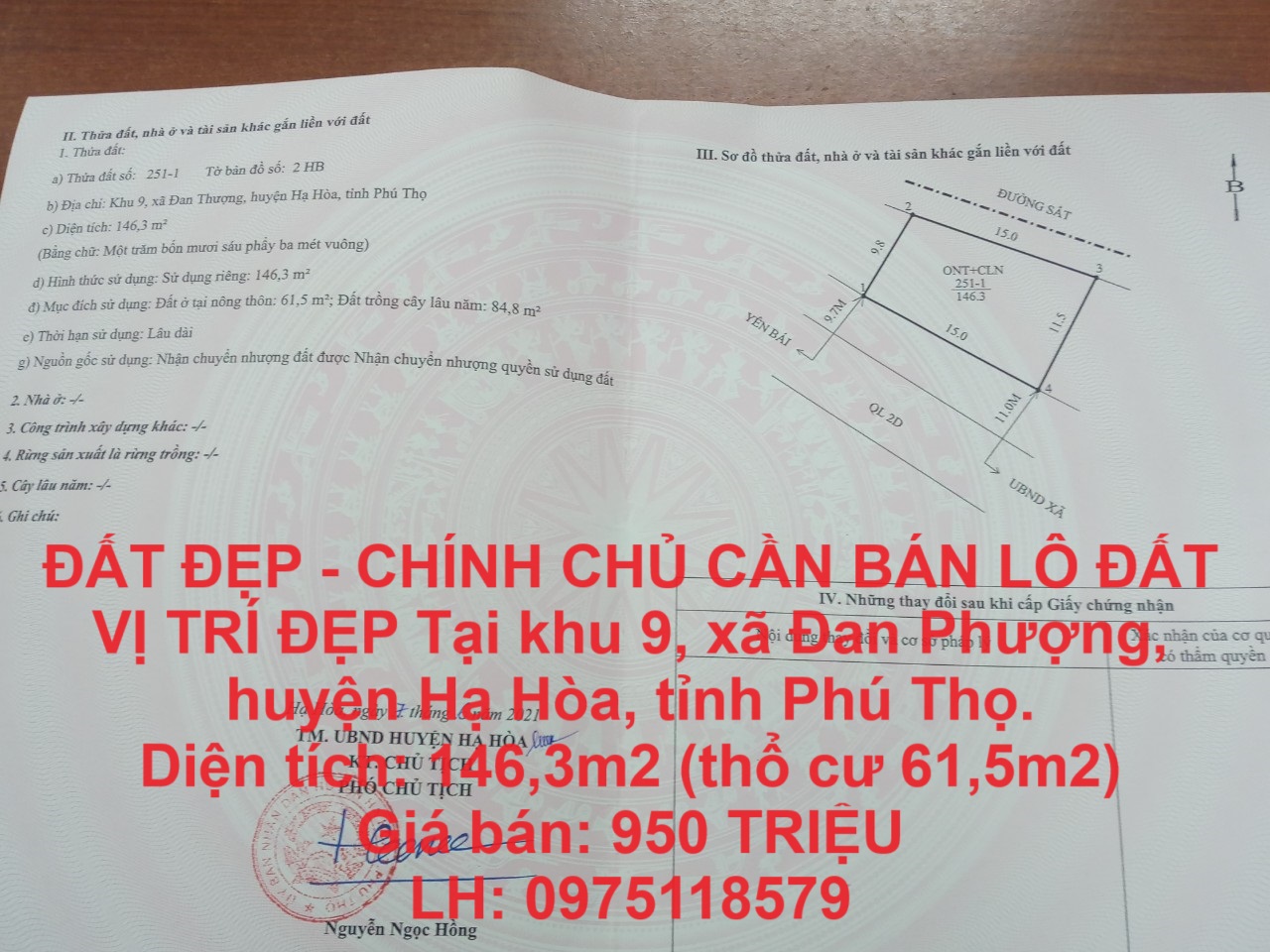 ĐẤT ĐẸP - CHÍNH CHỦ CẦN BÁN LÔ ĐẤT VỊ TRÍ ĐẸP Tại Đan Thượng, Hạ Hòa, Phú Thọ - GIÁ CỰC RẺ