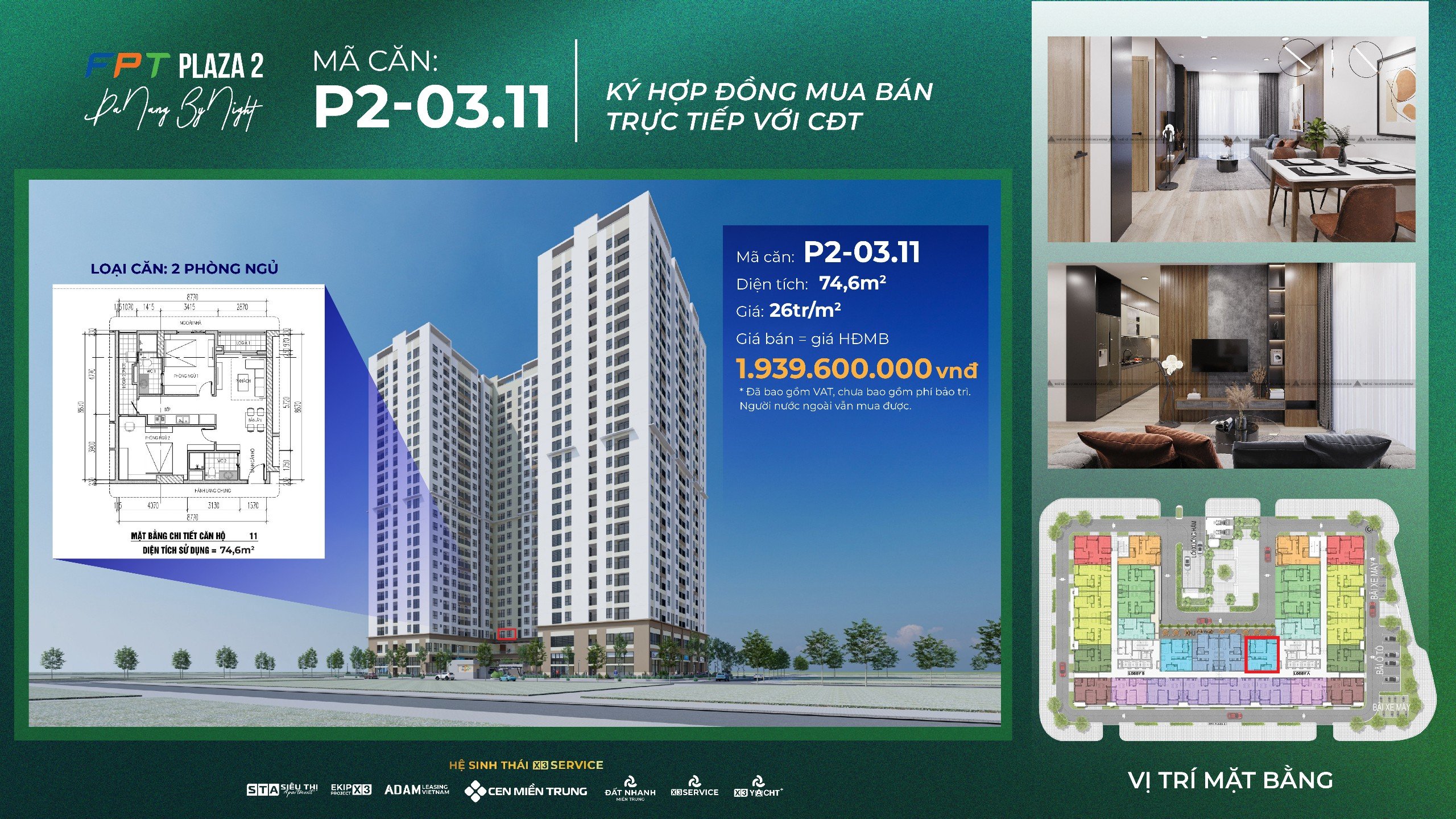 FPT PLAZA 2 - CĂN HỘ 2PN 75M2 DUY NHẤT GIÁ GỐC TRỰC TIẾP TỪ CHỦ ĐẦU TƯ
