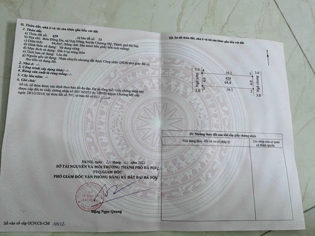 Hơn 1 tỷ xíu lô đất 2 mặt đường, Ô TÔ chạy quanh tại Hợp Đồng, Chương Mỹ. - Diện tích: 64,4m - Lô 2 mặt đường rộng